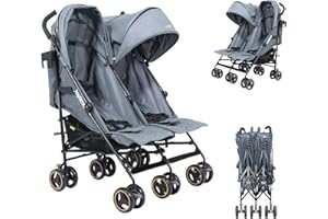Jovikids Twin Lightweight Baby Stroller, Folding Double Pushichair with Large Sun Canopy, Rain Cover, Cup Holder, Capacity up to 30 kg, Adjustable Backrest, Lockable Wheels (Grey, Twin)