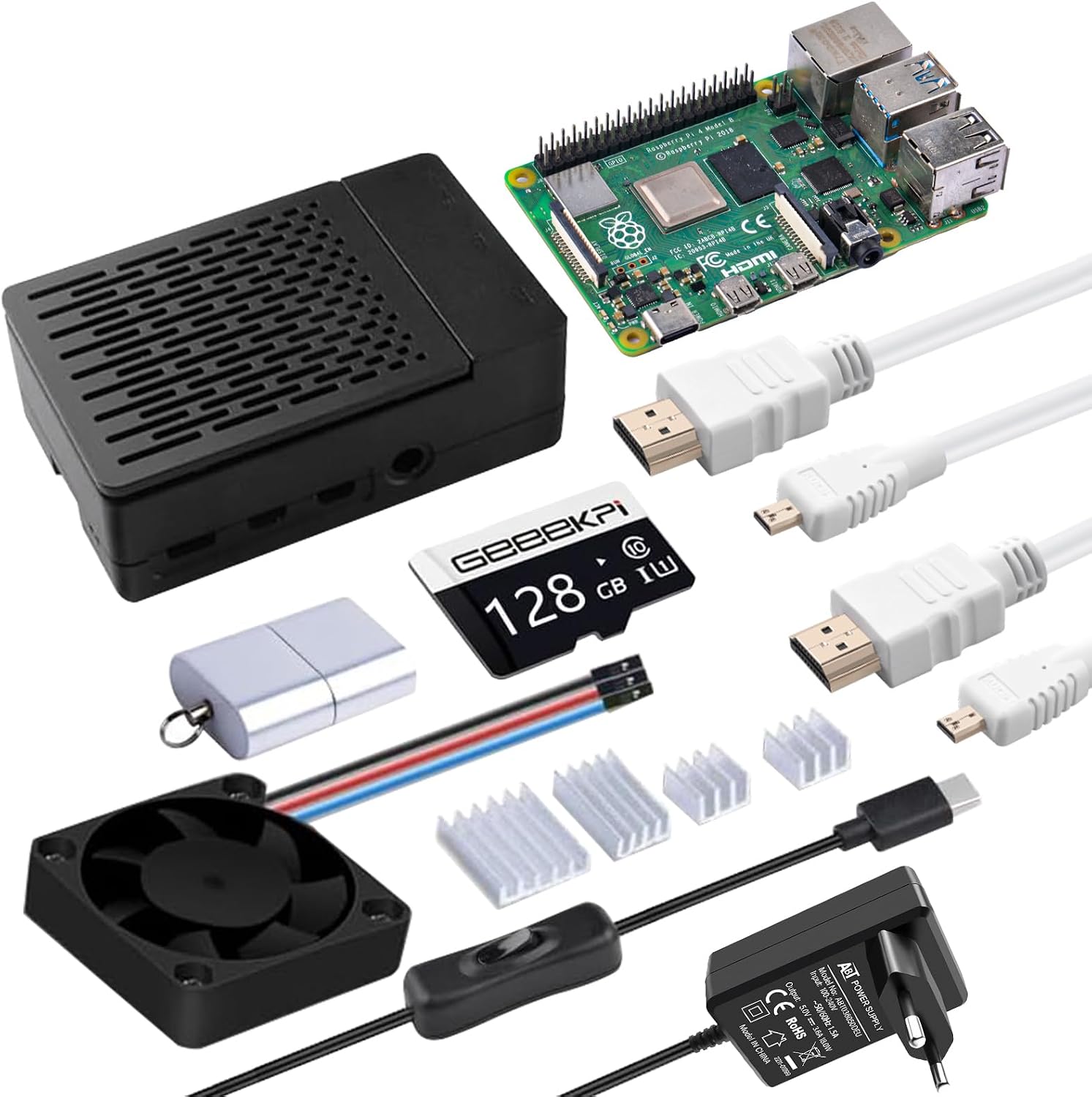 GeeekPi Raspberry Pi 4 8GB Complete Starter Kit (8GB RAM + 64GB SD Card), ABS Case with PWM Fan, 5V 3A Power Supply with ON/Off Switch, 2pcs HDMI Cables for Raspberry Pi 4B