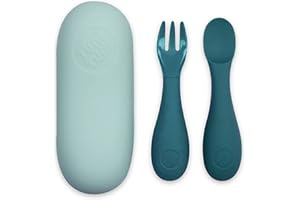 TUM TUM Posate Bambini con Custodia, Set Cucchiaino Svezzamento e Forchetta per Neonati, 6m+, Blu