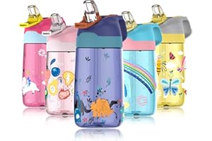 Fjbottle Butelka do picia dla dzieci, ze słomką, 450 ml, z tworzywa sztucznego Tritan, otwór na 1 kliknięcie, szczelna, nie zawiera BPA, lekka butelka na wodę, do szkoły/przedszkola