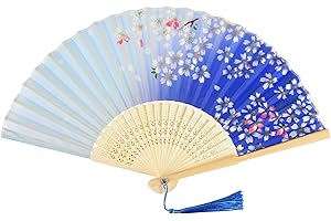 KEYIDO Niebieski wachlarz ręczny dla kobiet z tkaniny ręczny wachlarz ręczny wachlarz składany chiński japoński ręczny wachlarz z frędzlami do dekoracji ściennej taniec weselny cosplay