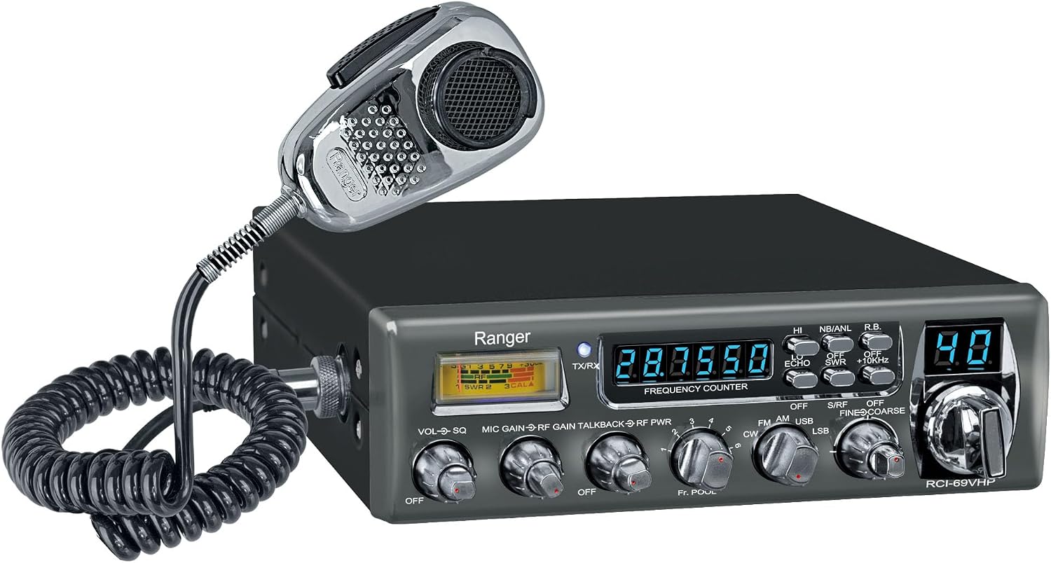 Ranger RCI-69VHP High Power 10 Meter Amateur Radio 80W PEP All-Mode (CW/FM/AM/SSB) SRA-198NC Dynamic Noise Canceling Mic 6-Digit Frequency Counter Fine/Coarse Clarifier SWR Meter & Big Heatsink