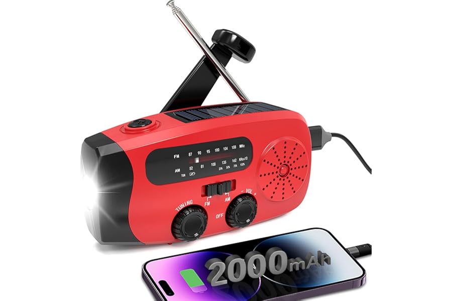 Wind Up Solar Radio, Emergency Portable Hand Crank Radio with LED Torch, AM/FM, Phone Charger, 2000mAh Solar and Hand-Crank Charging, SOS Alarm for Camping Hiking (Red)