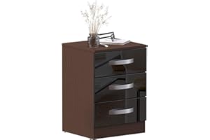 VIDA DESIGNS Marchio Amazon - Movian Rettangolare Comodino Lucido 3 Cassetti, 56 x 40 x 36 cm, Noce & Nero