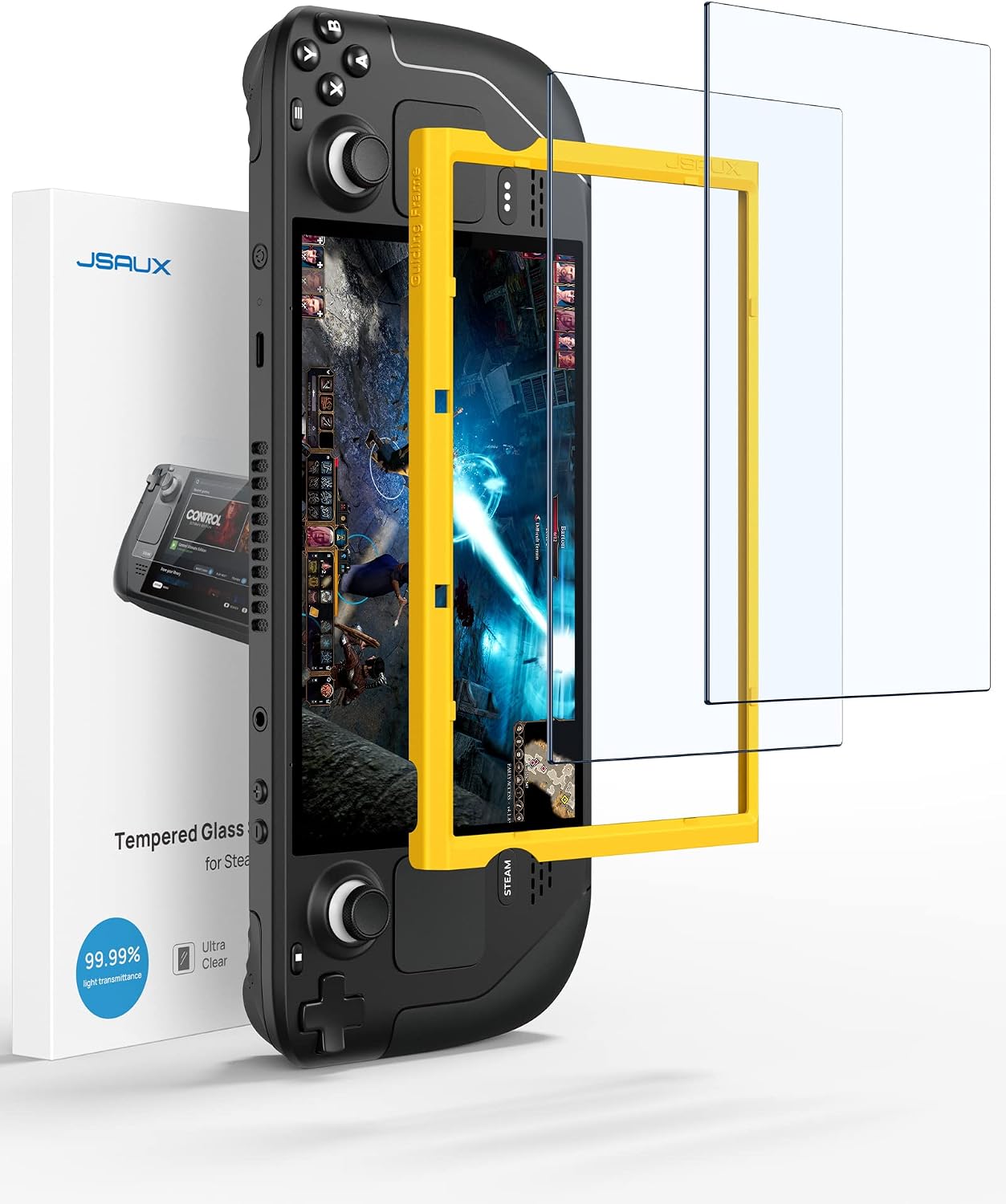 JSAUX Protector Pantalla Anti-reflejos para Steam Deck LCD & OLED [2 Piezas], Cubierta integral de Cristal Templado, Fácil de Instalar con Marco guía (Versión Mejorada)
