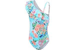 AISYEE Costume da bagno per ragazze e bambini, tinta unita, costume da bagno per adolescenti, ragazze hawaiane, volant, floreale, una spalla, 92, 164/3-16 anni