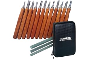 Hawerk – Attrezzi per l’intaglio del legno per professionisti e principianti, 12 pezzi + 3 pietre da affilatura + custodia