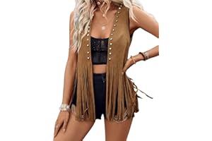 KOUOYBT Women Tassel Vest 70s Hippie Sleeveless Rivet Faux Suede Vest Western Fringe Waistcoat Open Front Jacket Cardigan