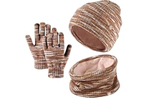 Enwokran 3 Stück Kinder Wintermützen Handschuhe Schal Set Beanie Mütze Warme Gestrickte Touchscreen-Handschuhe Loop WinterSchlauchschal für Jungen Mädchen 5-12 Jahre Outdoor Aktivitäten