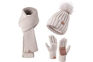 MIS.MOON Wintermütze Damen Schal & Handschuh-Sets ，Beanie Mütze Damen Winter mit Bommel Fleece Gefütterte，Warm Schal Mütze Handschuhe,Schal Wärmer Mütze 3 in 1 Set