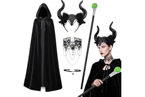 SUPERUM Halloween Kostüm Damen Set - 5er - Malefiecent Kostüm Umhang mit Kapuze & Kopfschmuck Hörner & Malefiecent Zauberstäbe & Gothic Spitzenhalskette,140cm Teufel Umhang Devil Costume Karneval Cosplay