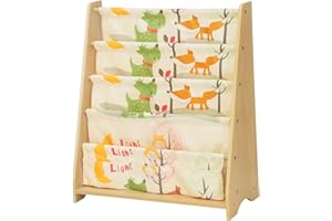 SONGMICS Children's Sling Bookcase, 4 Tier Fabric Book Shelves For School Supplies Stationery, Storage Unit and Rack in Children's Room, Nursery, Kindergarten, Animal Theme with Maple Finish GKR71YL