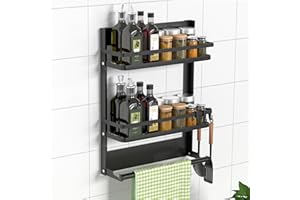 DUNSOO Estante para especias de pared con soporte para rollos de cocina y 4 ganchos, estantería de cocina sin taladrar, de acero inoxidable, estante de pared colgante para cocinas y baño, negro