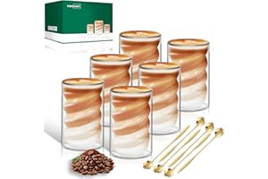 TWOANT Tasse À Café Double Paroi 400ml，Set de 6 Tasses À Thé en Verre Latte Macchiato et 6 Cuillères，Verre Borosilicate pour Cappuccino Matcha Jus de Thé