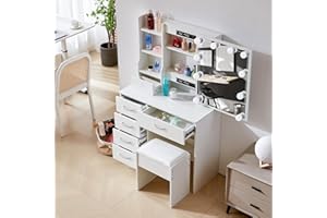 Puselo White Dressing Table Vanity Table with Mirror and Stool Makeup Vanity Table with Lights and Drawers,Cushioned Stool,Vanity Desk for Women Girls Bedroom (Modern P7)