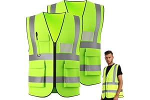 Hao Zhu 2 Pack Hi Vis Vests,Hi Vis Safety Vests with Pockets Zipper Front,Night Workwear Reflective Vest,for Traffic Work, Surveyor and Security Guard Construction Vest