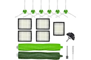 VACESSENTIALS Kit de repuesto para iRobot Roomba i/e Serie i7 i7+ i6 i6+ i3 i3+ i8 i8+ i4 i4+ i5 i5+ i2 i2+ i1 i1+ e5 e6 – 1 cepillo de goma, 5 filtros HEPA, 6 cepillos laterales, 1 rueda delantera