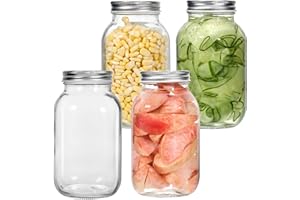 Zanfqvo Mason Jars 1000ML, Pack de 4 Tarros de conserva de vidrio, Tarro de Albañil, Tarros de vidrio con tapas para avena nocturna, mermelada casera, Conservas