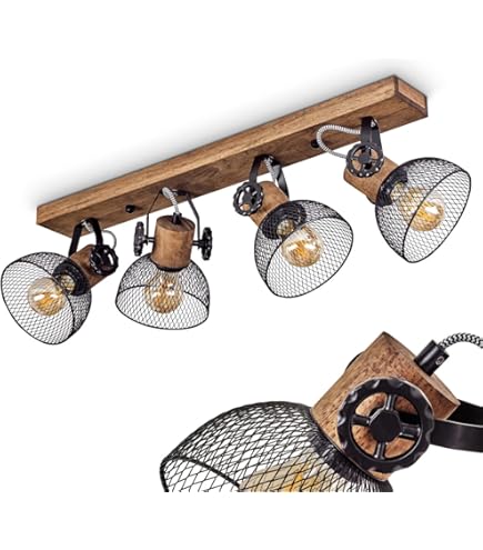 Plafonnier Orny, Lampe En Métal Gris Et Bois Marron Foncé, Tout En étant Orientables Et Pivotables En Créant Un Jeu De Lumière Sur Le Plafond, 4xE27 Max, 60 Watt