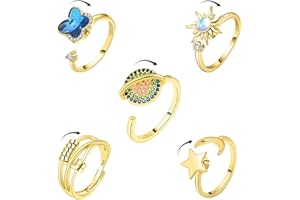 Hifot Bague Anti-Stress Or Spinner Rotatif Anxiété Papillon, Lune, Soleil et Cristal Réglable et Ouverte pour Relaxation Femme Homme