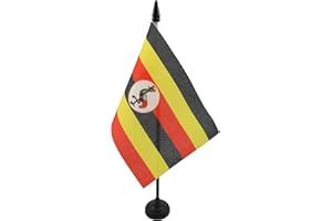 AZ FLAG - Uganda Table Flag 4'' x 6'' - Ugandan Office Mini Banner 100% Polyester 15 x 10 cm - Mini Desk Flag with 10'' Pole and Black Plastic Base