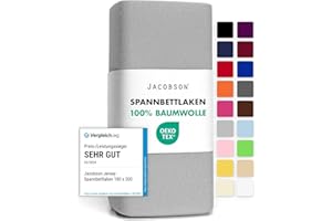 ‎JACOBSON Jacobson Jersey Spannbettlaken Spannbetttuch Baumwolle Bettlaken (180x200-200x200 cm, Grau)