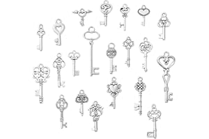 Ornazy 100 pcs Mixed Styles Tibetan Skeleton Key Charms Antique Silver Heart Flower Key Charms for Pendant DIY Jewellery Making Wedding Party Favors