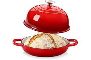Velaze Pentola in Ghisa Smaltata 4.8L - Forno Olandese per Pane Rotondo Ø24cm con Coperchio Antiaderente, per Induzione (Rosso)