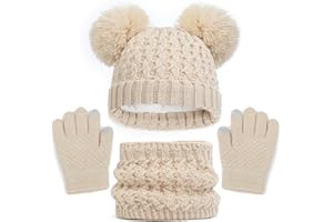 Baynetin Echarpe et Gants Bonnet Ensemble 3PCS, Enfant Tricoté Tour de Cou Chaud Bonnet Gants à écranTactiles, Hiver Accessoires pour Fille Garçon 2-8 Ans Ski Activité de Plein Air