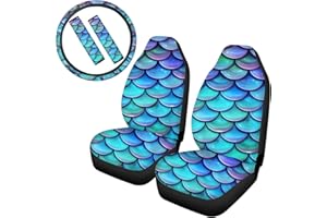 NETILGEN Auto-Innenraum-Zubehör-Set, Meerjungfrau-Motiv, 2 Sitzbezüge, 1 Lenkradbezug, 2 Gurtpolster, Universell Passend für die Meisten Fahrzeuge