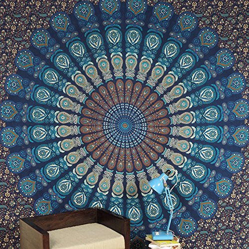 Handicrunch QUEEN BLUE HIPPIE TAPESTRY INDIAN BEDSPREAD MANDALA WALL HANGING Boho Chic Decor