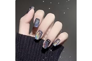 GlamRays 24 Stück Schwarze Press on Nails Kurze Quadratische Falsche Nägel Glitzernde Falsche Nägel Mit Mustern Bunt Vollumfängliche Akrylnägel Glänzend Klebernagel Künstliche Aufnageln
