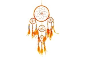 Pink Pineapple Atrapa Sueños Pequeña Bohemio: Arte de Pared de Dreamcatcher Colgante Ético con Plumas y Cuentas, de Color Naranja con Diseño de Ganchillo Tradicional - 12cm de Ancho, 35cm de Largo