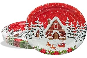 BFB Weihnachten Ovale Pappteller Set 24 Stück Winterhaus Rot Papierteller 32 x 27cm Partygeschirr Tischdekoration Geschirrdekoration Rot