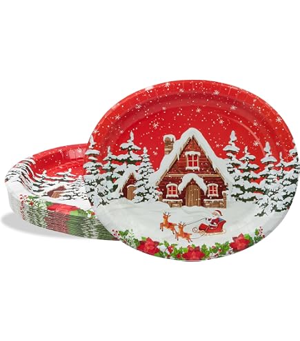 HNH Weihnachten Pappteller-Set – 24 Ovale Dessertteller (32x27 Cm) Mit Weihnachtsmann & Winterhaus-Motiv | Für Buffet & Feiern
