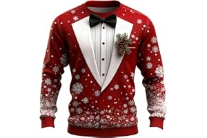 DENGJIAMY Ful jultröja för män rolig 3D-kostym tryck rund hals skjorta långärmad herr utomhus semester pullover vinter toppar