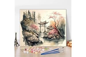 TISHIRON Malowanie według liczb, dla dorosłych, japoński krajobraz z kwiatami wiśni, zestaw "zrób to sam", akwarela, płótno, przyjazna dla początkujących, terapia relaksacyjna, naturalna dekoracja, 40