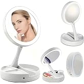 Genel LED Işıklı Makyaj Aynası, 10x B&uuml;y&uuml;te&ccedil;, Katlanabilir Tasarım, USB Şarjlı, 15.5cm &Ccedil;ap, Beyaz