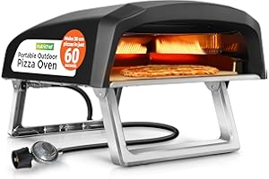 NutriChef Portable Outdoor Pizza Oven – 30.48cm Gas Pizza Oven, 360° Rotating Stone, Quick Heating, Premium Stainless Steel Grill, Includes Stone & Regulator w/ Hose, Ready in 60 Sec