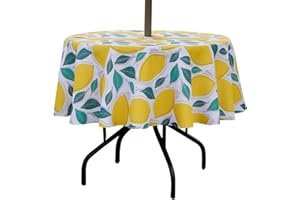 SUQ I OME Patio Outdoor Tablecloth with Umbrella Hole,Garden Tablecloth with Umbrella Hole and Zipper,Table Cloths for Host Backyard Parties, BBQs,Family Gatherings(Lemon,60'' Round with Zipper)
