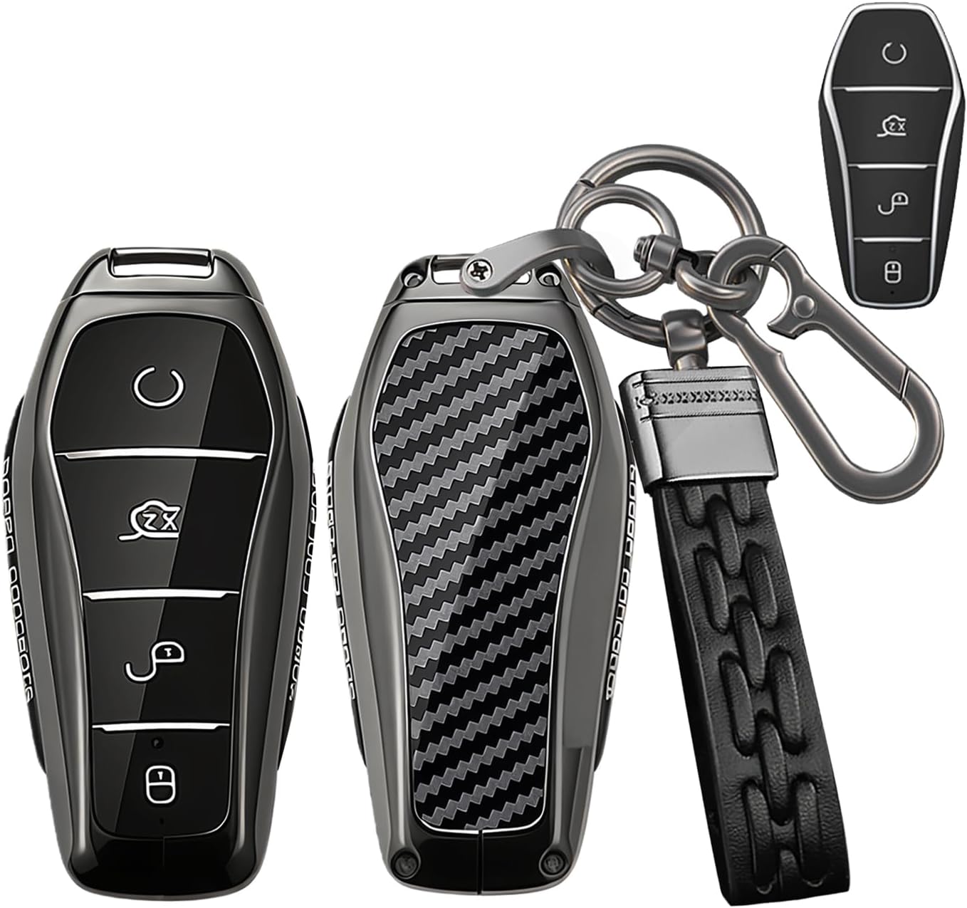Rondrive Metal Key fob Cover fit for BYD Sealion 7 6 ATTO 1 2 3 Shark 6 Dolphin Surf Seagull Seal U DM-i SUV Carbon Pattern Car key case holder shell key chain Keyring Accessories 4 buttons Black 4