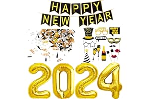 JONAMI New Year's Eve Party Decoration 2024, Happy New Year Banner + 2024 Giant Foil Balloons + New Years Eve Photo Booth Props + Black Gold Silver Happy New Year Confetti