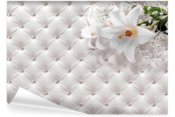 decomonkey - Papier Peint Panoramique Optique en Cuir Fleurs 350x256 cm - Décoration murale – Tapisserie décorative pour chambre salon - Motif blanc diamants fleurs lys cuir texture tissu fond