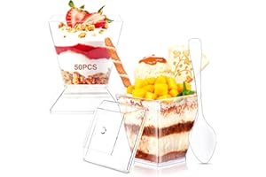 POWMAG Dessertgläser Plastik, 50 Stück Desserttassen mit Deckel und Löffeln, 60ml Dessertbecher Set Wiederverwendbar, Klar dessertschalen, Dessert becher für Dessert Pudding Mousse Party