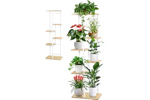 SenDeluz Estante Alto de Metal y Madera de 6 Niveles - Soporte para Plantas Interior y Exterior - Estante para Flores y Plantas de Varios Niveles para Balcón, Jardín