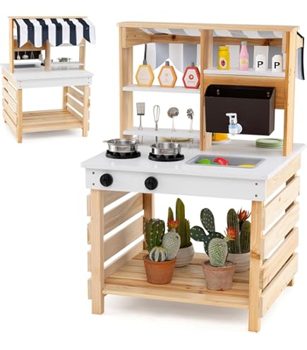 COSTWAY Modderkeuken voor kinderen, outdoor, kinderkeuken, hout, speelkeuken met kraan en afneembare gootsteen en werkblad, outdoor keuken, speelgoedkeuken voor kinderen vanaf 3 jaar