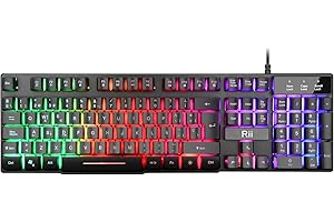 Rii RK100 Plus Teclado retroiluminado Gaming，7 Colores Rainbow LED，Teclado para Juegos con Cable USB，Disposición QWERTY Español
