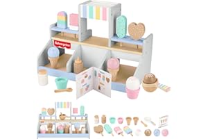 Fisher-Price - Gelateria in Legno, playset da 18 pezzi in legno tra cui espositore, gelati e ghiaccioli, coni, coppette, menu e cucchiai, giocattolo per bambini, 3+ anni, HXV21