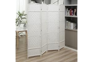 ‎MAKIKA Makika Trennwand/Raumteiler Faltbar aus Bambus - Paravent Umkleide Sichtschutz Spanische Wand - 180 x 180 cm Raumtrenner 4 teilig Leinwand - Weiß