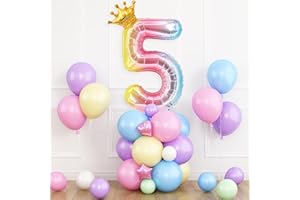 DAGELAR Crown Rainbow Number 5 Balloon for 5th Birthday Decoration, 40 Inch Gradient Number 5 Balloon with Pastel Maca Balloons, Colorful 5 Foil Helium Balloons for Girls Baby Shower 5 Years Party Anniversary